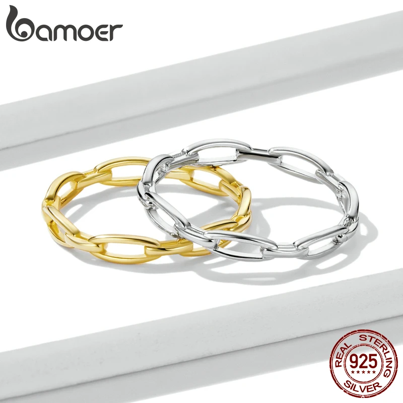 BAMOER-Anillo de Plata de Ley 925 con cadena geométrica para mujer, sortija de diseño Simple, estilo bohemio, joyería llamativa, regalo de fiesta, BSR211 - Image 3