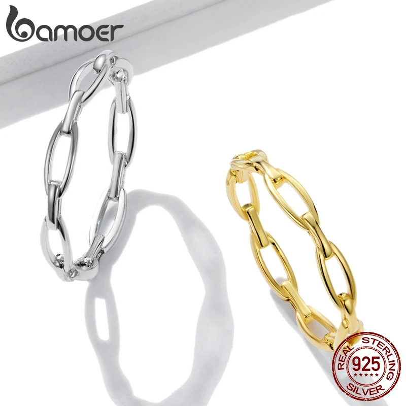 BAMOER-Anillo de Plata de Ley 925 con cadena geométrica para mujer, sortija de diseño Simple, estilo bohemio, joyería llamativa, regalo de fiesta, BSR211 - Image 5