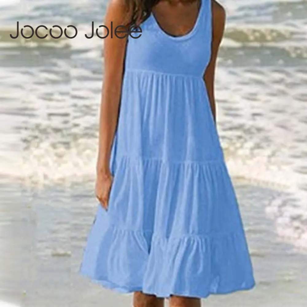 Jocoo Jolee-minivestido informal sin mangas con cuello redondo para mujer, minivestido bohemio liso para playa, vestido holgado de gran tamaño, verano 2023 - Image 5