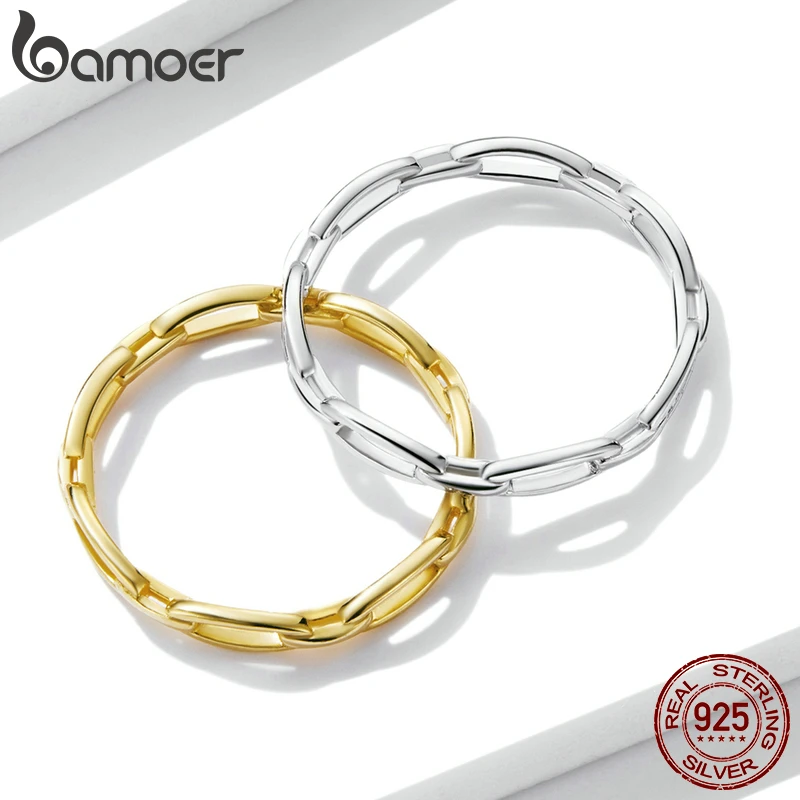 BAMOER-Anillo de Plata de Ley 925 con cadena geométrica para mujer, sortija de diseño Simple, estilo bohemio, joyería llamativa, regalo de fiesta, BSR211 - Image 4