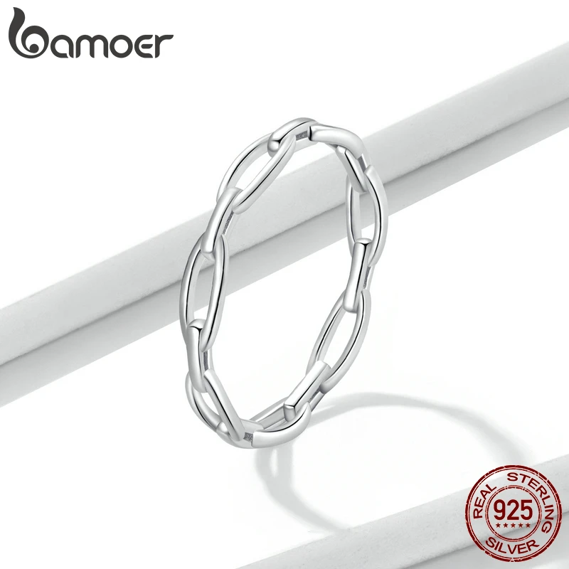 BAMOER-Anillo de Plata de Ley 925 con cadena geométrica para mujer, sortija de diseño Simple, estilo bohemio, joyería llamativa, regalo de fiesta, BSR211 - Image 2