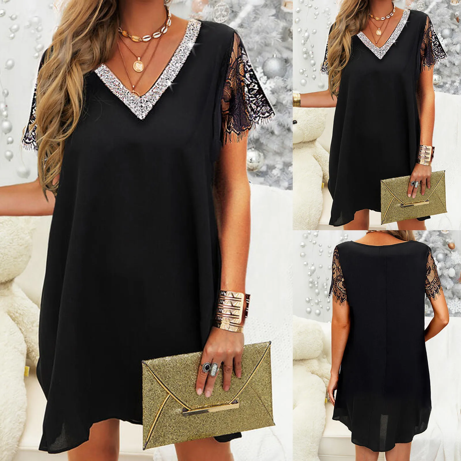 Vestidos de fiesta elegantes 2024 mujeres Costura de malla brillante glamuroso negro cuello en V Mini vestido de manga corta Vestidos de malla En Oferta - Image 7