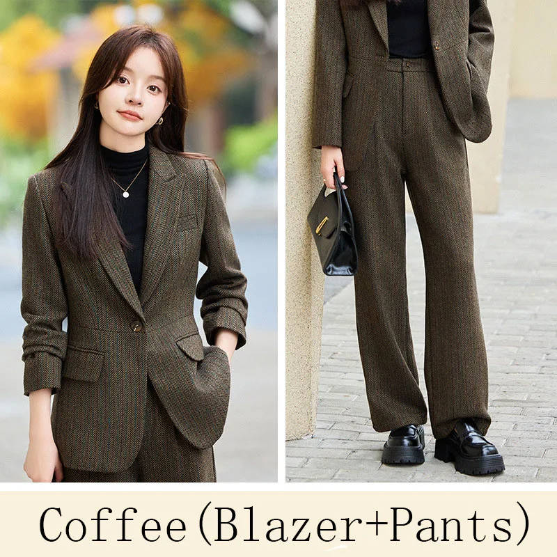 Conjunto de chaqueta y pantalones de mezcla de lana para mujer, traje informal elegante de 2 piezas, primavera y otoño, novedad de 2024 - Image 7