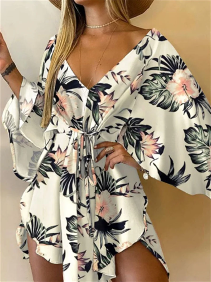 Vestido corto con estampado de flores para mujer, minivestido Sexy con cuello en V, manga de murciélago, volantes, holgado, para playa y vacaciones de verano - Image 6