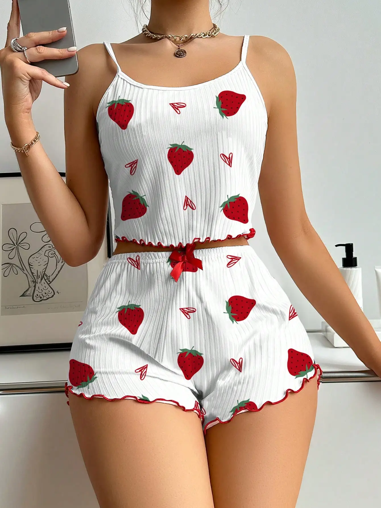 Ropa de dormir de verano para mujer, conjunto de pijama de ajuste relajado con estampado de corazón, Top corto sin espalda con cuello redondo y pantalones cortos, ropa de descanso - Image 11