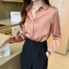 Blusa informal de manga larga para mujer, camisa con cuello vuelto, estilo primavera y otoño, DF4846 - pink, M