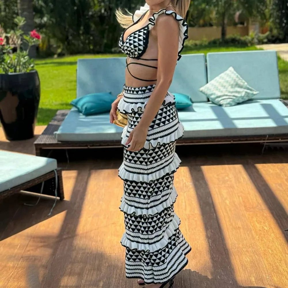 Conjuntos de falda para la playa de punto a rayas para mujer, trajes bohemios ajustados con espalda descubierta y volantes, conjunto de 2 piezas para vacaciones - Image 4