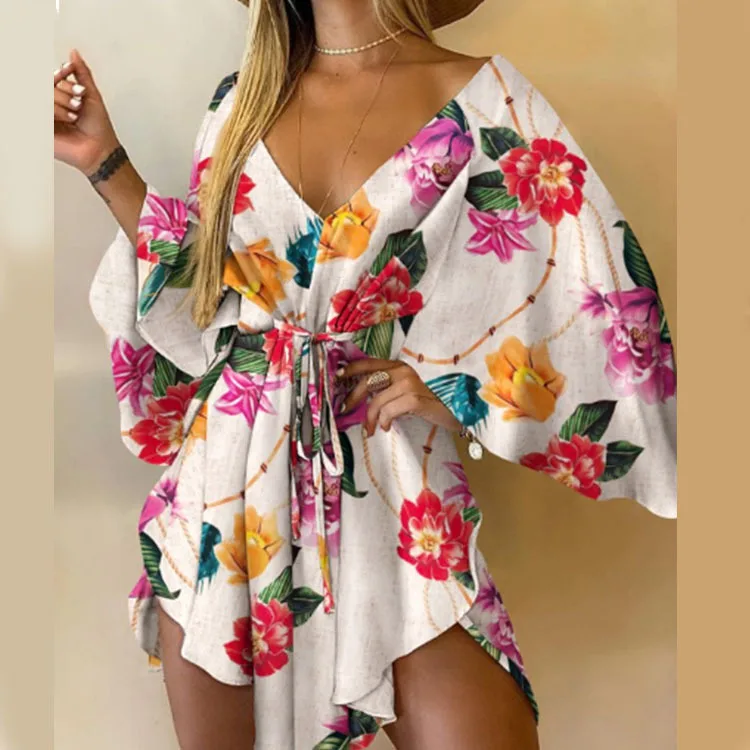 Vestido corto con estampado de flores para mujer, minivestido Sexy con cuello en V, manga de murciélago, volantes, holgado, para playa y vacaciones de verano - Image 9