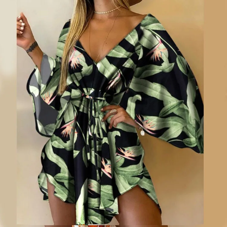 Vestido corto con estampado de flores para mujer, minivestido Sexy con cuello en V, manga de murciélago, volantes, holgado, para playa y vacaciones de verano - Image 10