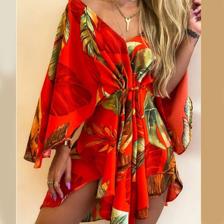 Vestido corto con estampado de flores para mujer, minivestido Sexy con cuello en V, manga de murciélago, volantes, holgado, para playa y vacaciones de verano - Image 16