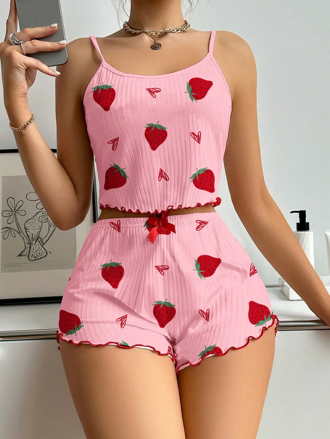 Ropa de dormir de verano para mujer, conjunto de pijama de ajuste relajado con estampado de corazón, Top corto sin espalda con cuello redondo y pantalones cortos, ropa de descanso - Image 12