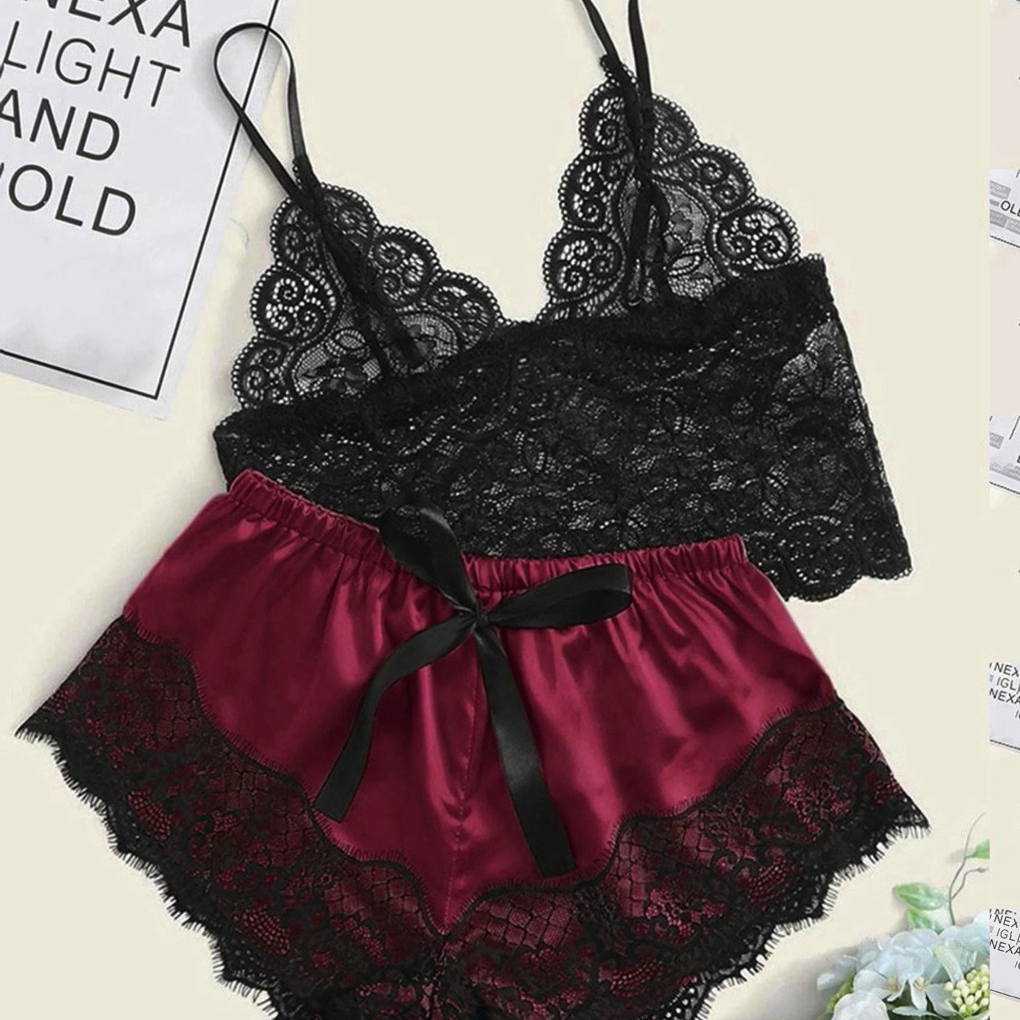 Pijama Sexy para mujer, conjunto de 2 piezas, Top y pantalones cortos, ropa de dormir, pijama de encaje, ropa interior, lencería - Image 17