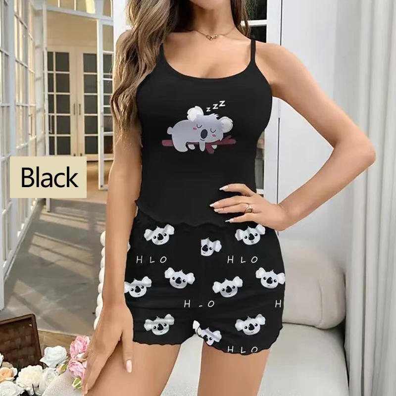 Pijamas de mujer, ropa de dormir, conjunto de pijama, camisola deportiva y pantalones cortos S M L, estampado de Koala de dibujos animados negro, ventilación, informal, suave y cómodo - Image 7