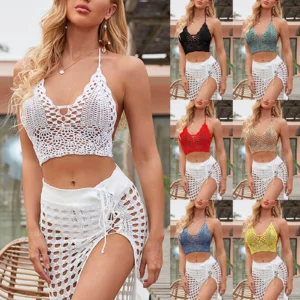Ropa de playa brasileña para mujer, traje de baño informal de Color sólido, Bikini tejido con agujeros, traje de baño