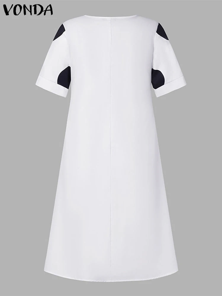 VONDA-vestido Midi bohemio de verano para mujer, traje holgado de manga corta con estampado de lunares y cuello de pico, talla grande, 2024 - Image 5