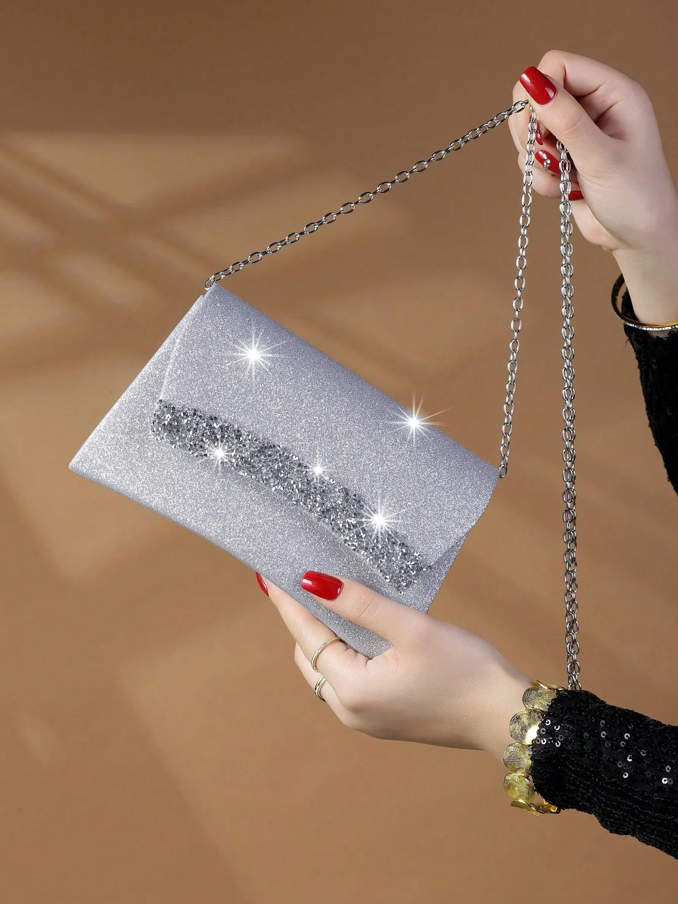 Bolso de mano metálico decorado con diamantes de imitación, bolso de noche brillante y glamuroso, elegante, adecuado para mujer, 1 unidad - Image 7