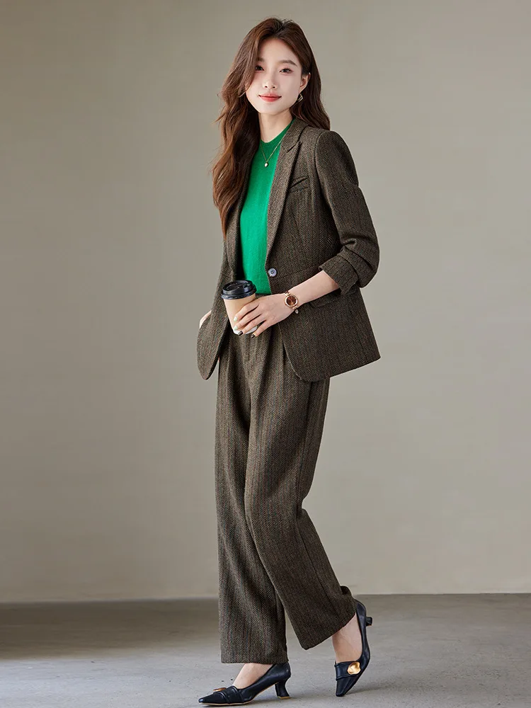 Conjunto de chaqueta y pantalones de mezcla de lana para mujer, traje informal elegante de 2 piezas, primavera y otoño, novedad de 2024 - Image 6