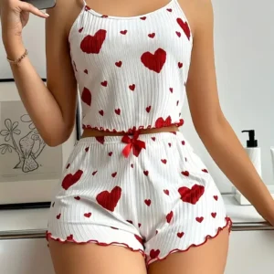 Ropa de dormir de verano para mujer, conjunto de pijama de ajuste relajado con estampado de corazón, Top corto sin espalda con cuello redondo y pantalones cortos, ropa de descanso