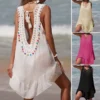 Vestido corto calado con espalda descubierta y cuello en V para mujer, vestido con orejas de madera empalmado de ganchillo con bolas de colores, traje de baño para playa