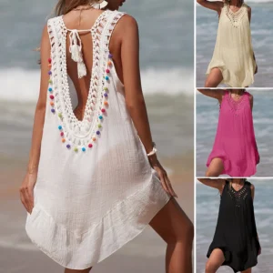Vestido corto calado con espalda descubierta y cuello en V para mujer, vestido con orejas de madera empalmado de ganchillo con bolas de colores, traje de baño para playa