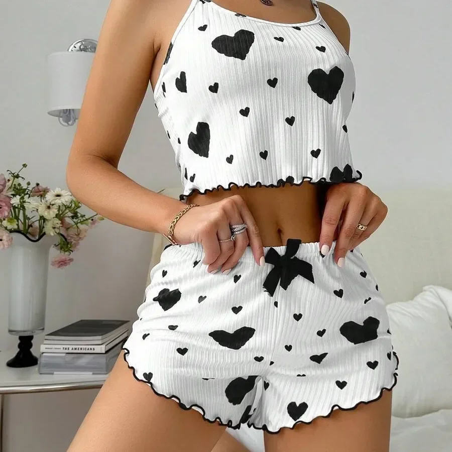 Ropa de dormir de verano para mujer, conjunto de pijama de ajuste relajado con estampado de corazón, Top corto sin espalda con cuello redondo y pantalones cortos, ropa de descanso - Image 7