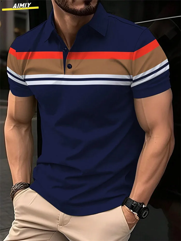 POLO de manga corta con estampado de rayas para hombre, polo de solapa informal, POLO deportivo informal, moda de verano, novedad - Image 11