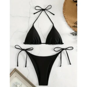 Bikini Sexy de tres puntos para mujer, traje de baño de color sólido con espalda descubierta y cordones ajustables, ropa de playa, novedad de 2024