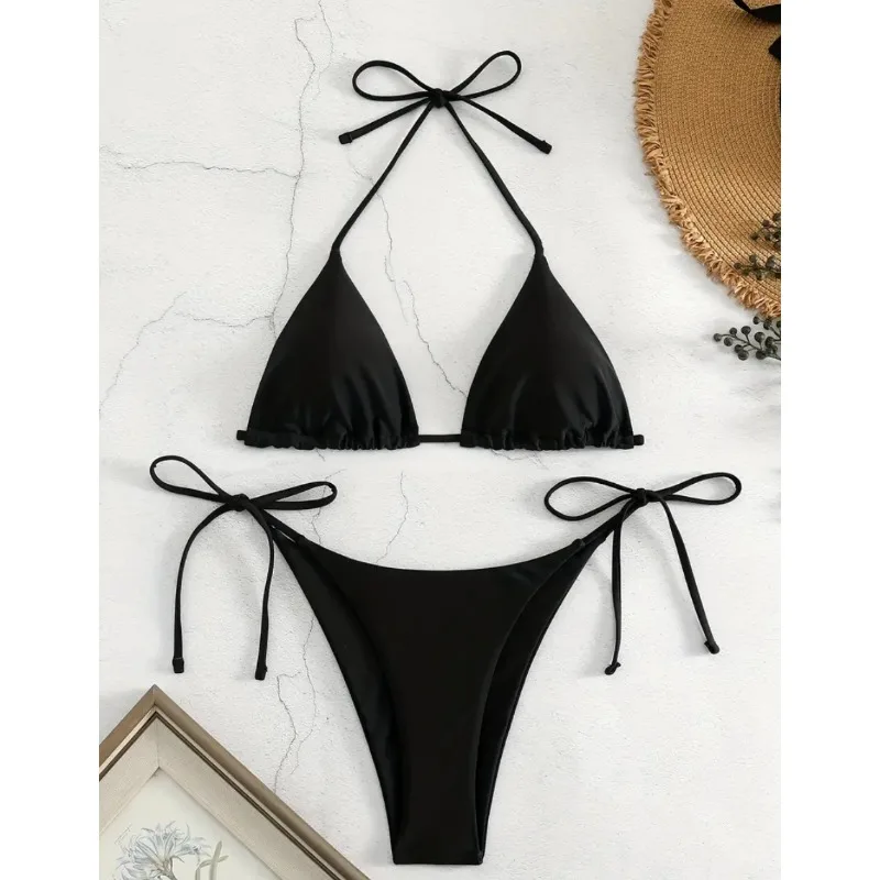 Bikini Sexy de tres puntos para mujer, traje de baño de color sólido con espalda descubierta y cordones ajustables, ropa de playa, novedad de 2024
