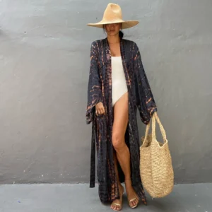 Traje de baño bohemio a rayas para mujer, con cinturón túnica, cárdigan de Sarong, vestido de Bikini, ropa de playa, Kimono, 2023