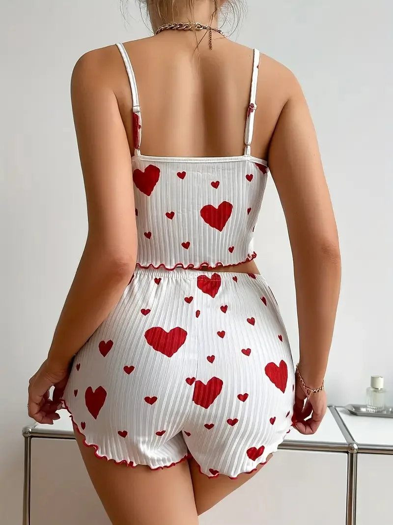 Ropa de dormir de verano para mujer, conjunto de pijama de ajuste relajado con estampado de corazón, Top corto sin espalda con cuello redondo y pantalones cortos, ropa de descanso - Image 3