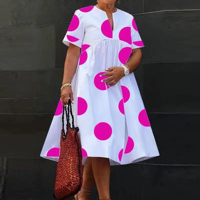 VONDA-vestido Midi bohemio de verano para mujer, traje holgado de manga corta con estampado de lunares y cuello de pico, talla grande, 2024 - Image 9