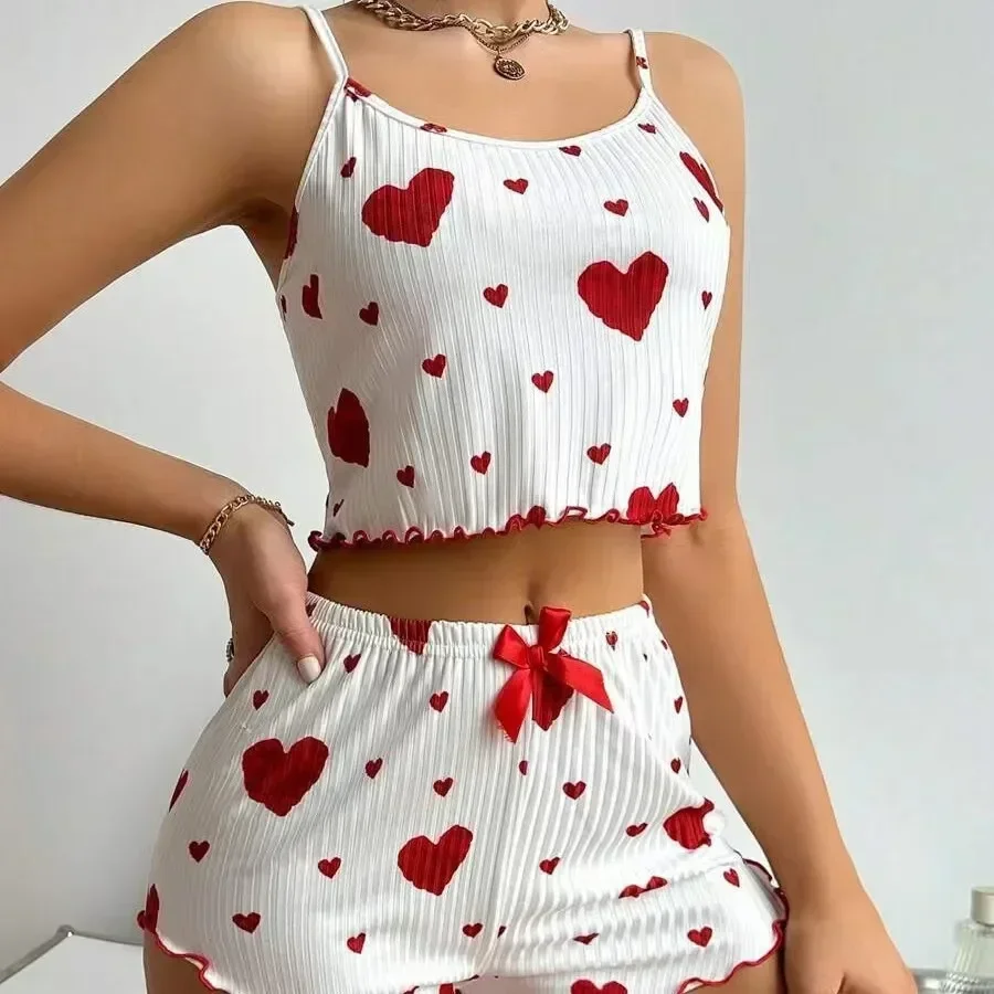 Ropa de dormir de verano para mujer, conjunto de pijama de ajuste relajado con estampado de corazón, Top corto sin espalda con cuello redondo y pantalones cortos, ropa de descanso - Image 9