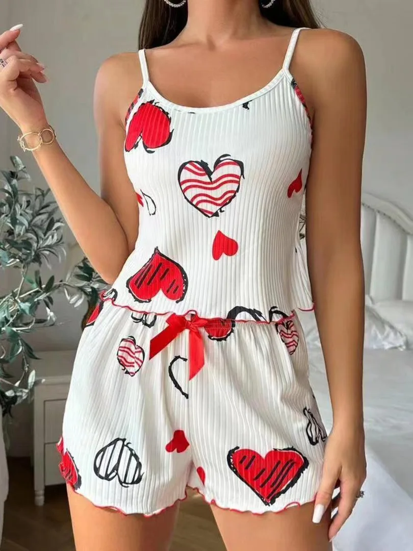 Ropa de dormir de verano para mujer, conjunto de pijama de ajuste relajado con estampado de corazón, Top corto sin espalda con cuello redondo y pantalones cortos, ropa de descanso - Image 10