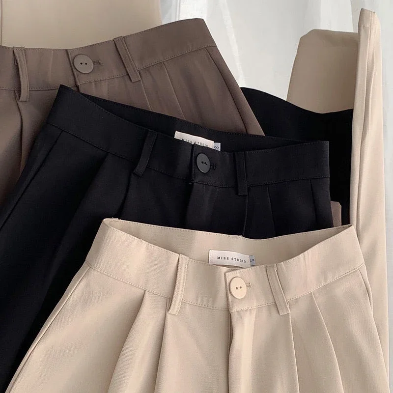 Pantalones de traje de cintura alta para mujer, pantalones rectos de oficina para mujer, pantalones de moda coreana, pantalones negros holgados con botones informales para mujer, novedad de 2024 - Image 5