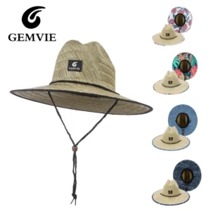 GEMVIE sombrero salvavidas para mujer, sombrero de paja para playa, estampado al aire libre, ala ancha, Panamá, Verano