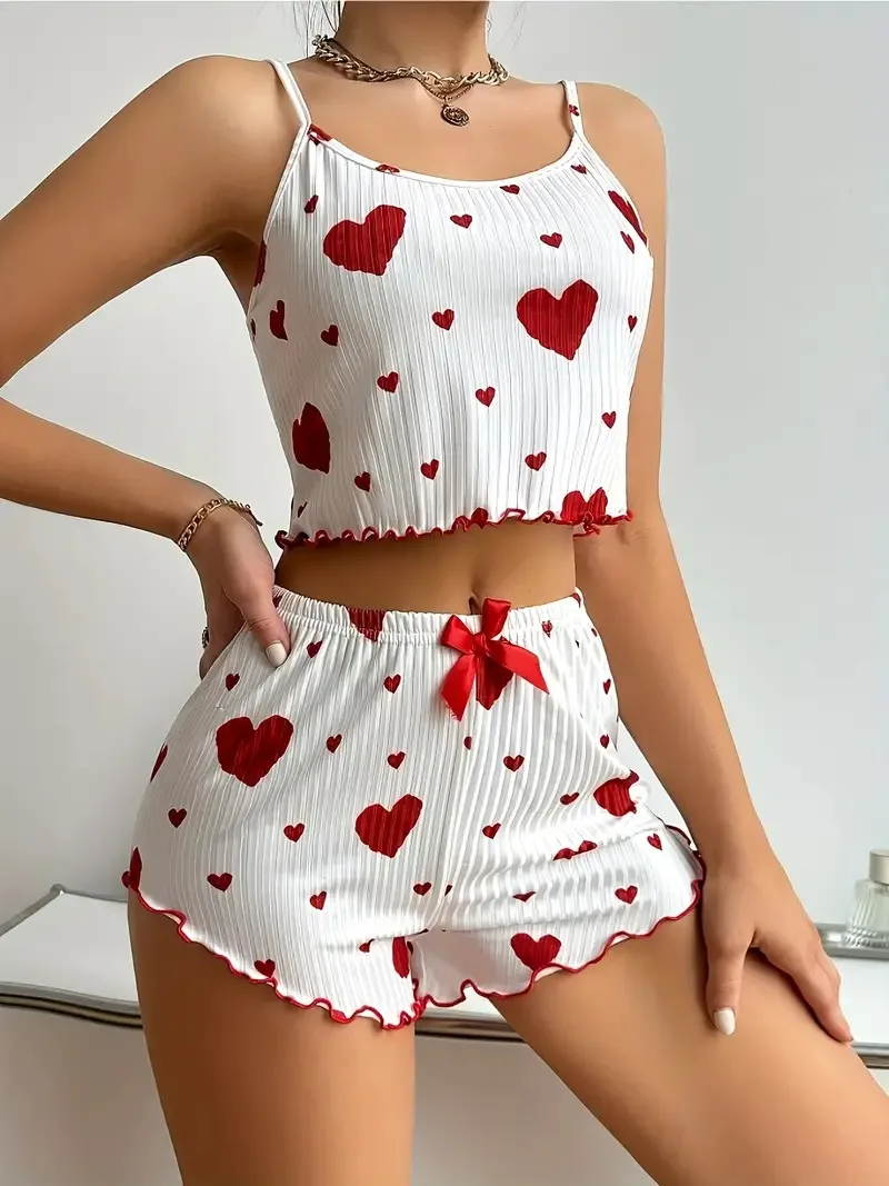 Ropa de dormir de verano para mujer, conjunto de pijama de ajuste relajado con estampado de corazón, Top corto sin espalda con cuello redondo y pantalones cortos, ropa de descanso - Image 2