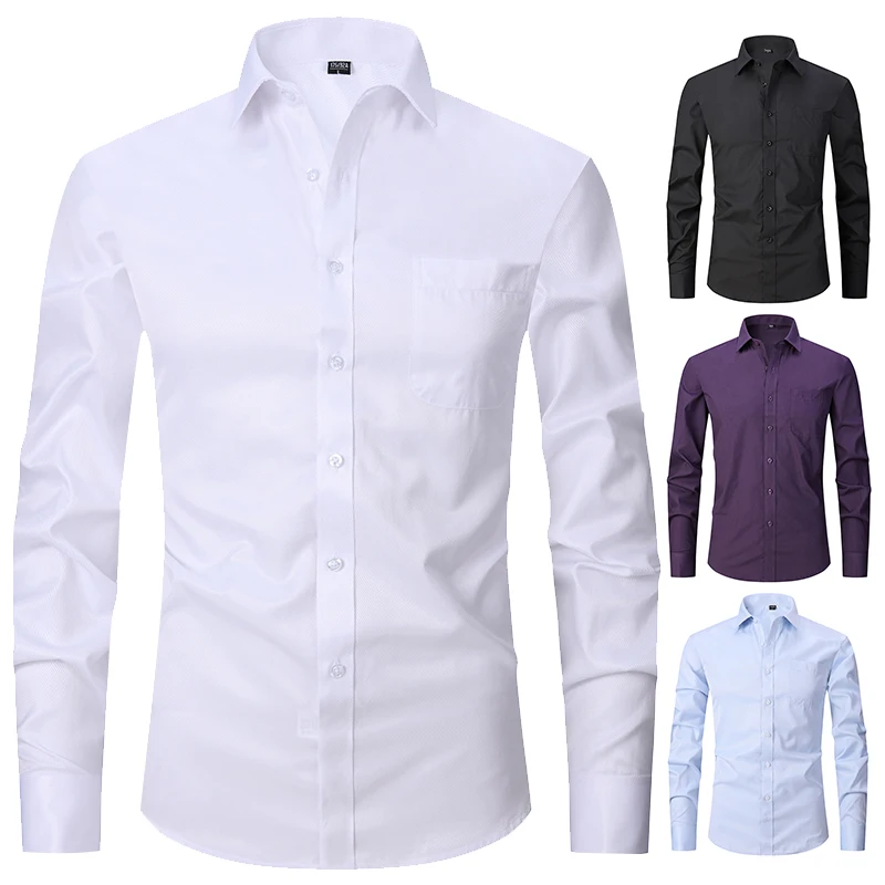 Camisa de vestir clásica con puños franceses para hombre, camisa blanca de manga larga con solapa frontal con mosca, ajuste estándar de negocios Formal, trabajo de oficina - Image 2
