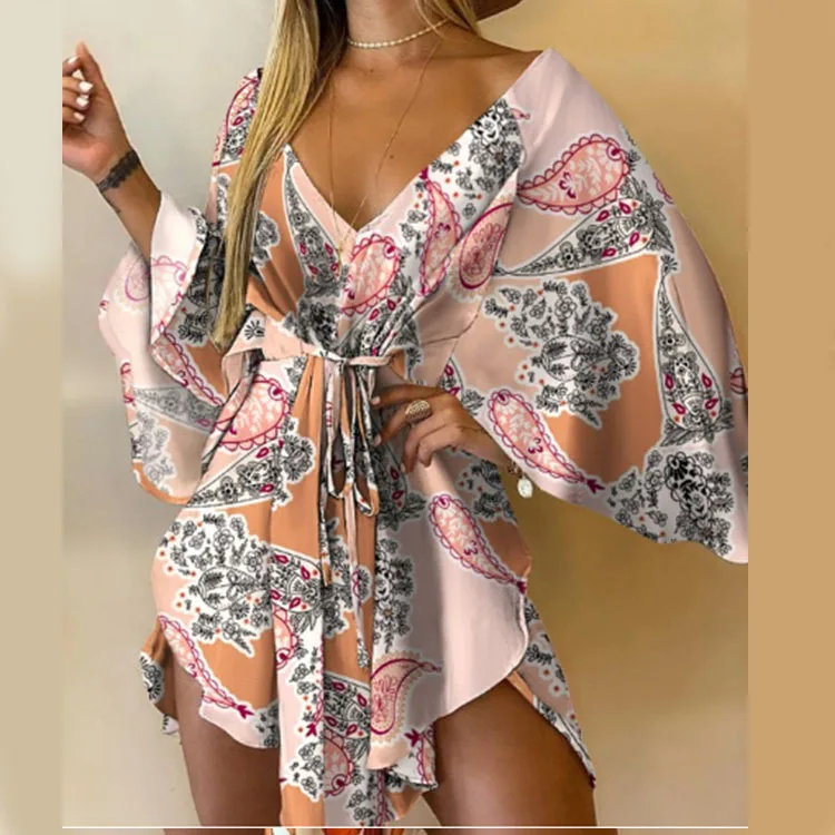 Vestido corto con estampado de flores para mujer, minivestido Sexy con cuello en V, manga de murciélago, volantes, holgado, para playa y vacaciones de verano - Image 14