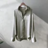 Camisa de manga larga con botones para mujer, blusa informal, elegante, estilo coreano, para oficina, novedad, verano, Otoño e Invierno - Grey, XL