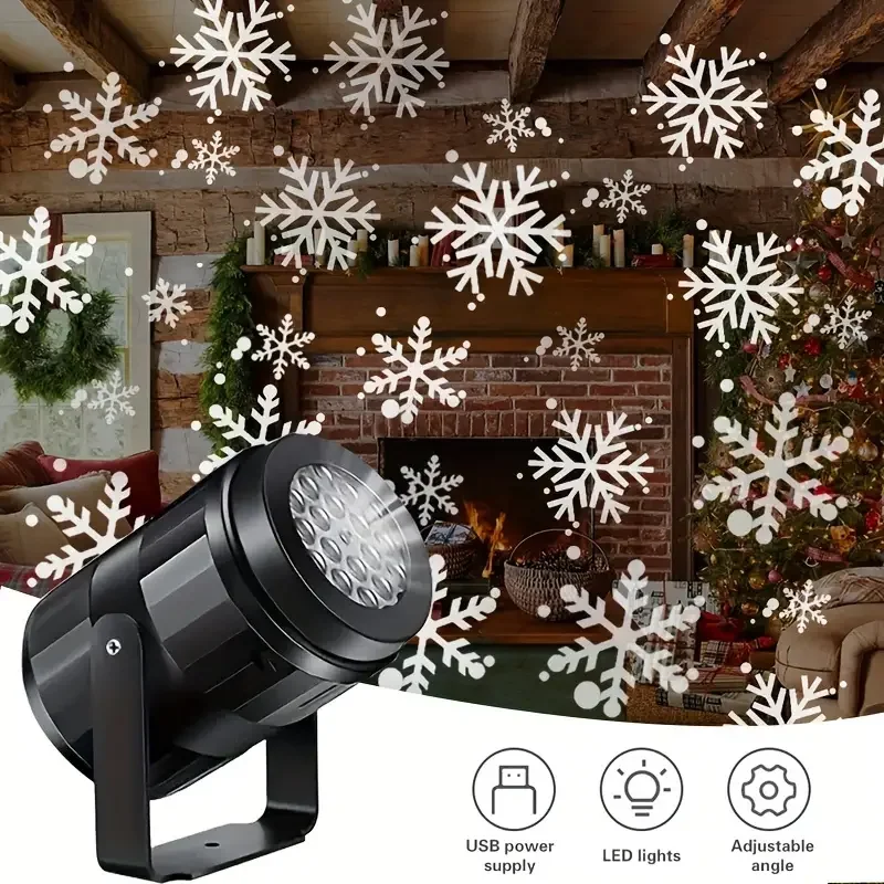 Proyector LED de Navidad y Halloween, luz nocturna alimentada por USB con 360, 1 ud. ° Copo de nieve con soporte giratorio para fiestas y decoración navideña - Image 3
