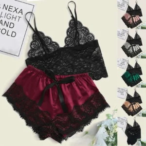 Pijama Sexy para mujer, conjunto de 2 piezas, Top y pantalones cortos, ropa de dormir, pijama de encaje, ropa interior, lencería