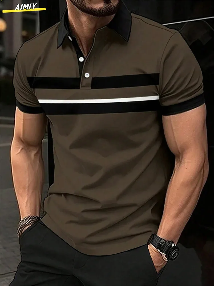 POLO de manga corta con estampado de rayas para hombre, polo de solapa informal, POLO deportivo informal, moda de verano, novedad - Image 23