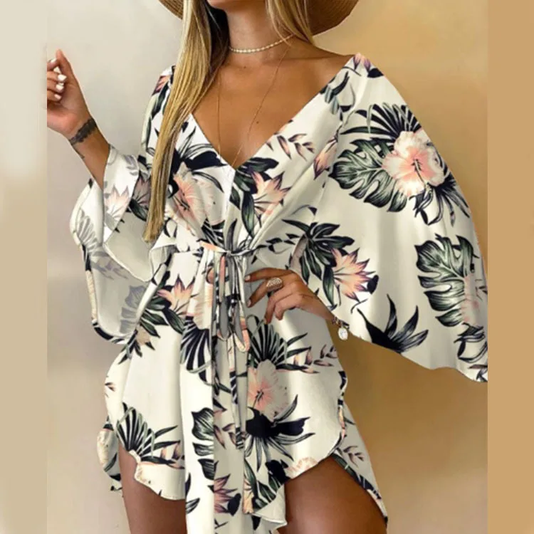Vestido corto con estampado de flores para mujer, minivestido Sexy con cuello en V, manga de murciélago, volantes, holgado, para playa y vacaciones de verano - Image 7