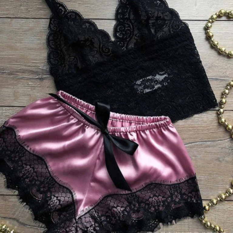 Pijama Sexy para mujer, conjunto de 2 piezas, Top y pantalones cortos, ropa de dormir, pijama de encaje, ropa interior, lencería - Image 12