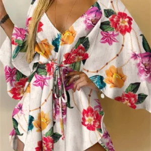 Vestido corto con estampado de flores para mujer, minivestido Sexy con cuello en V, manga de murciélago, volantes, holgado, para playa y vacaciones de verano