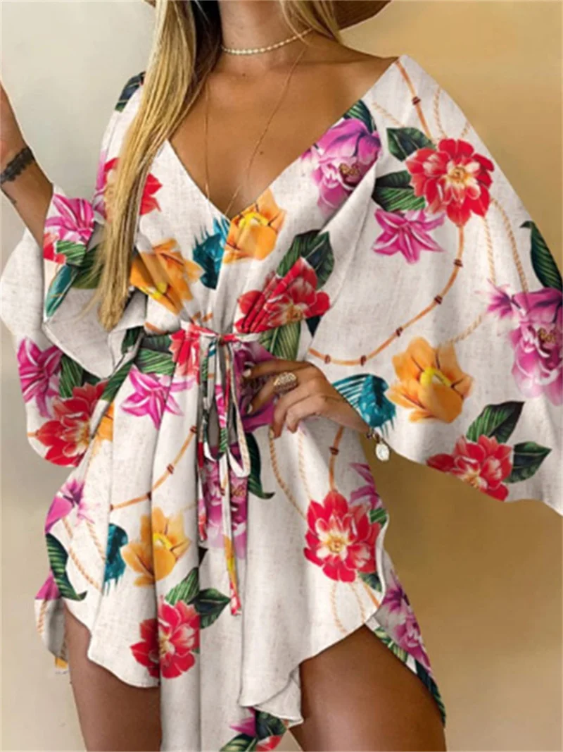 Vestido corto con estampado de flores para mujer, minivestido Sexy con cuello en V, manga de murciélago, volantes, holgado, para playa y vacaciones de verano