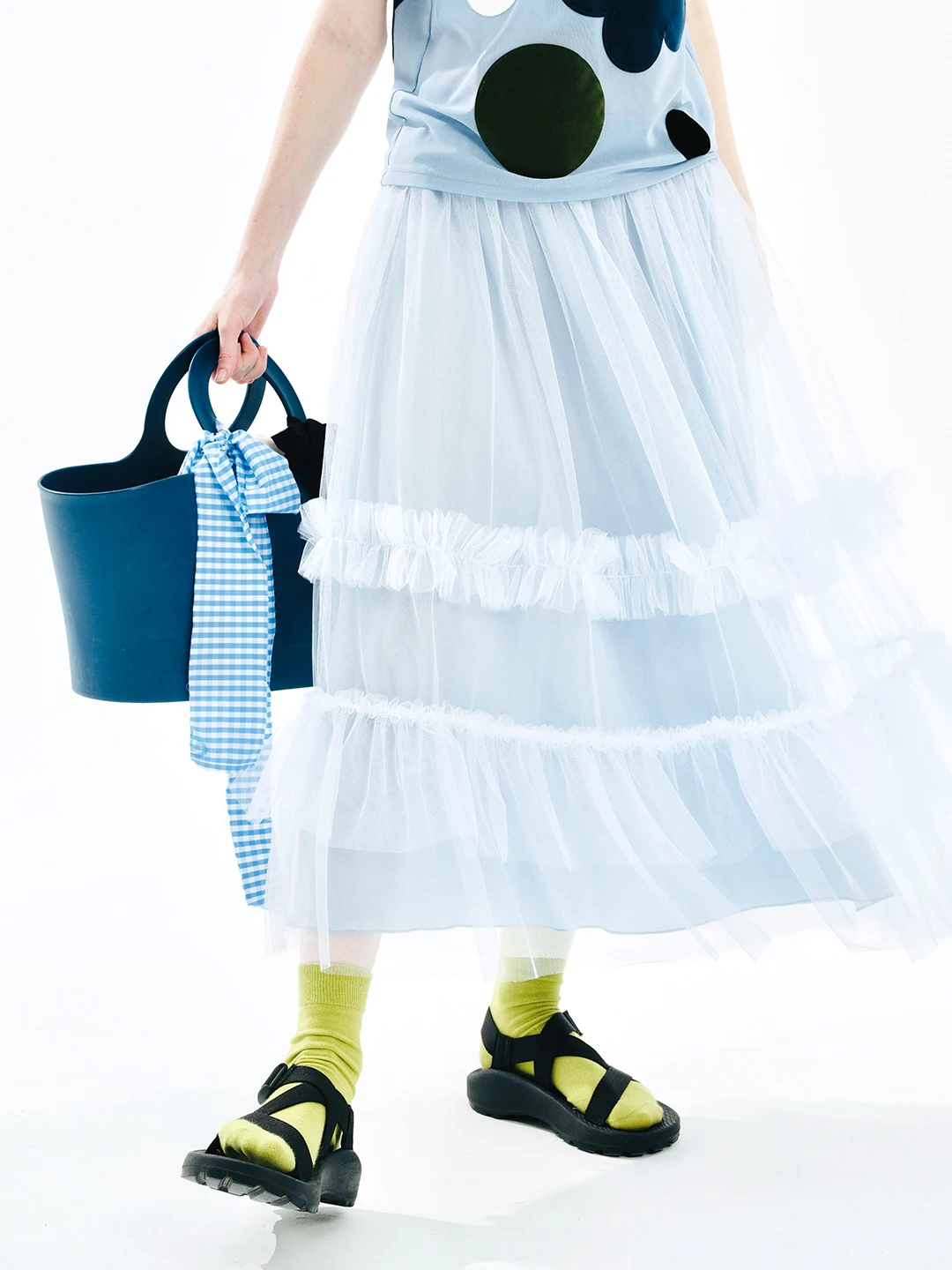 IMAKOKONI-falda de retales de encaje para mujer, falda con cintura elástica, malla azul, diseño original, 244724