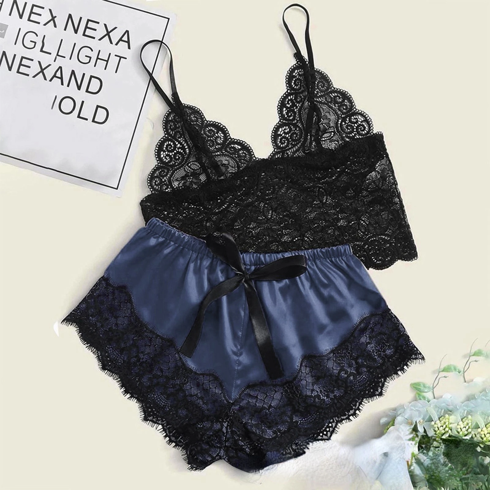 Pijama Sexy para mujer, conjunto de 2 piezas, Top y pantalones cortos, ropa de dormir, pijama de encaje, ropa interior, lencería - Image 13