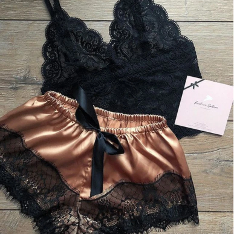 Pijama Sexy para mujer, conjunto de 2 piezas, Top y pantalones cortos, ropa de dormir, pijama de encaje, ropa interior, lencería - Image 15