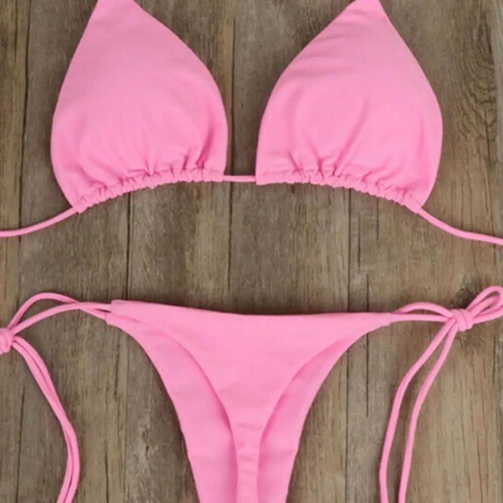Conjunto de Bikini con Tanga para mujer, traje de baño Sexy de Color liso con cuello Halter y tirantes, traje de baño para playa, 2 unids/set, 2024 - Image 5